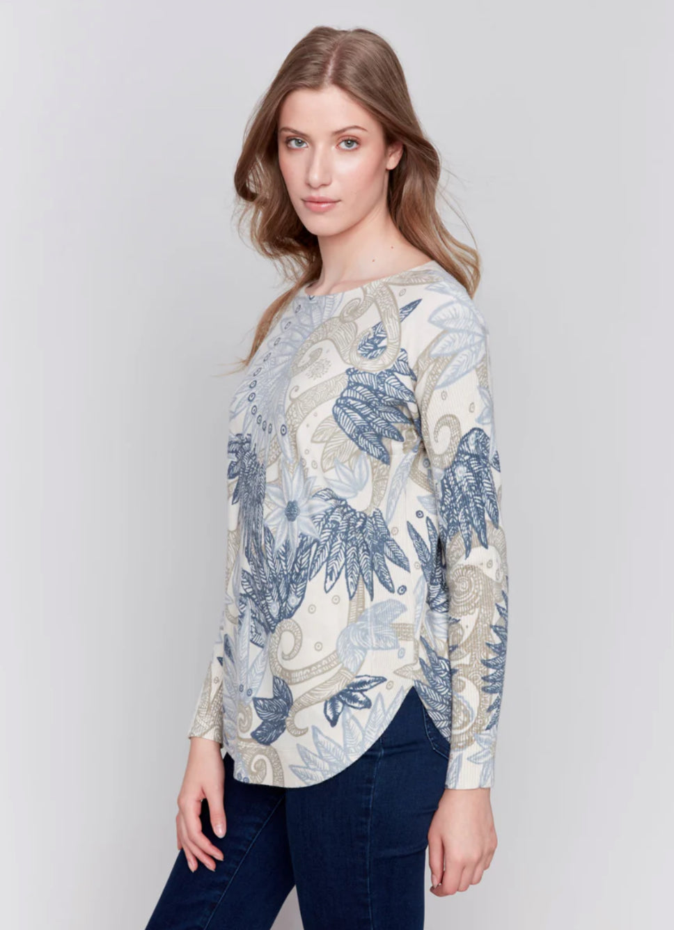 Feather Print Round Hem Sweater With Pocket