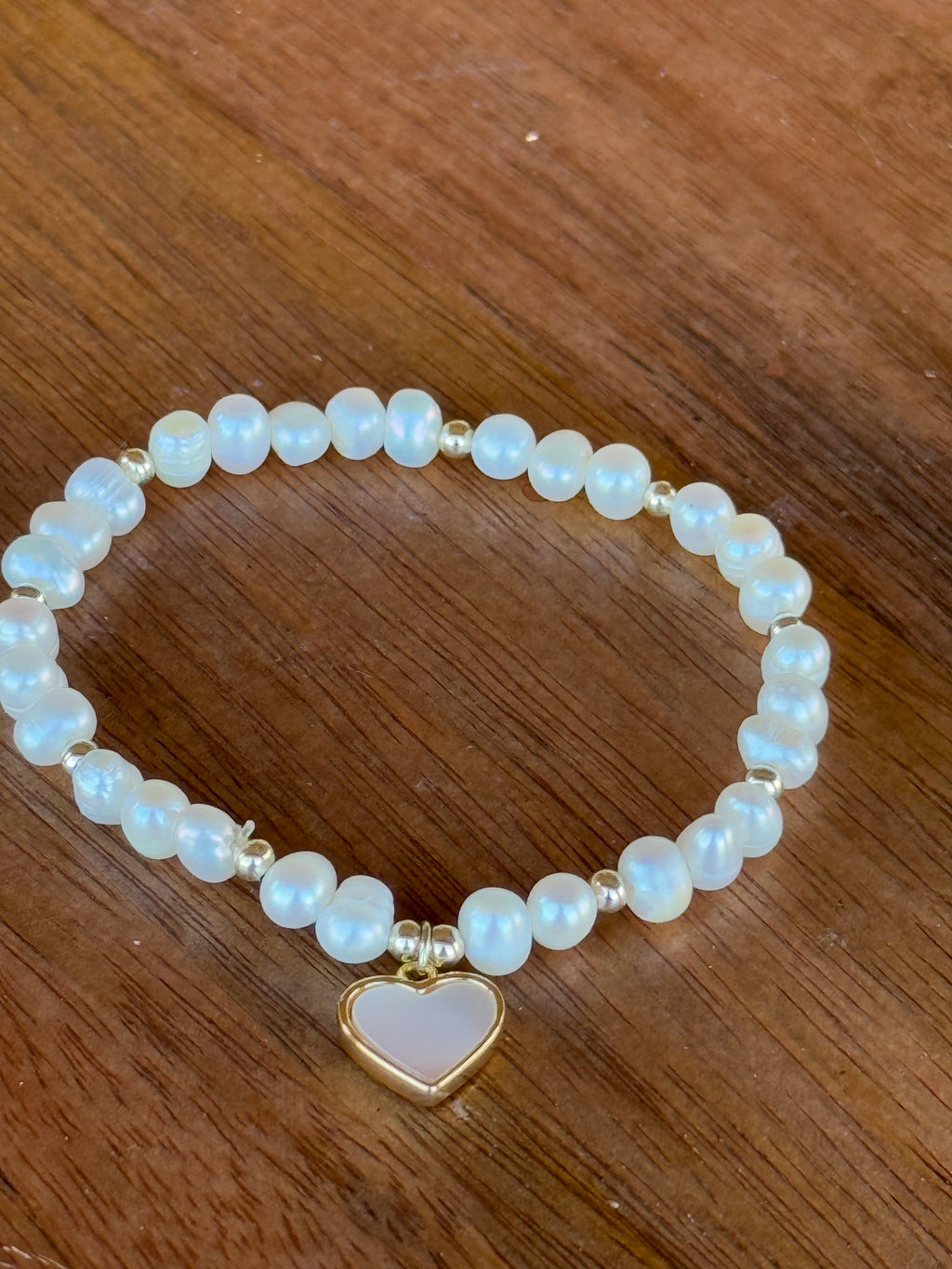 Freshwater Pearl Bracelet with White Enamel Heart Charm