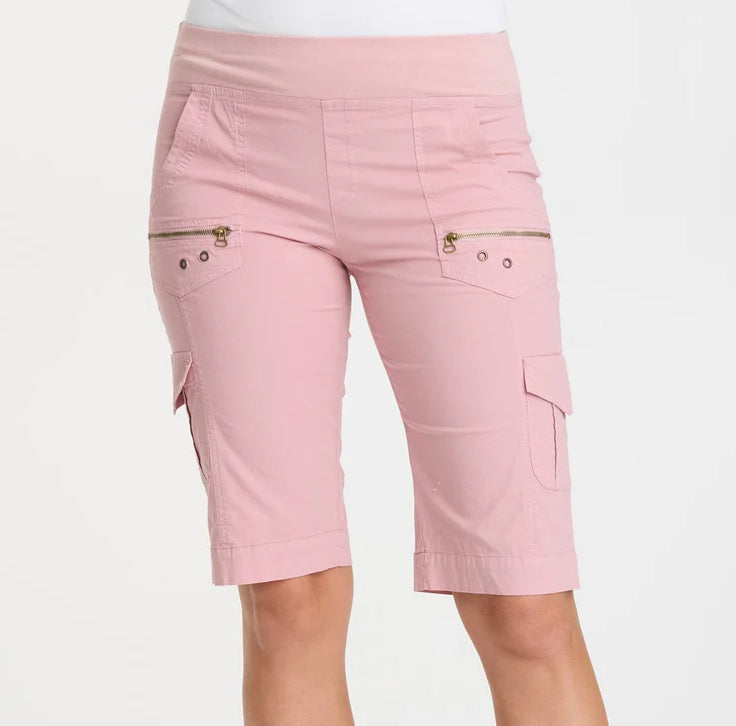 This classic Bermuda stretch poplin short features a pull-on elastic waistband, two front pockets with zipper and grommet details, two side cargo pockets, and clean back.
