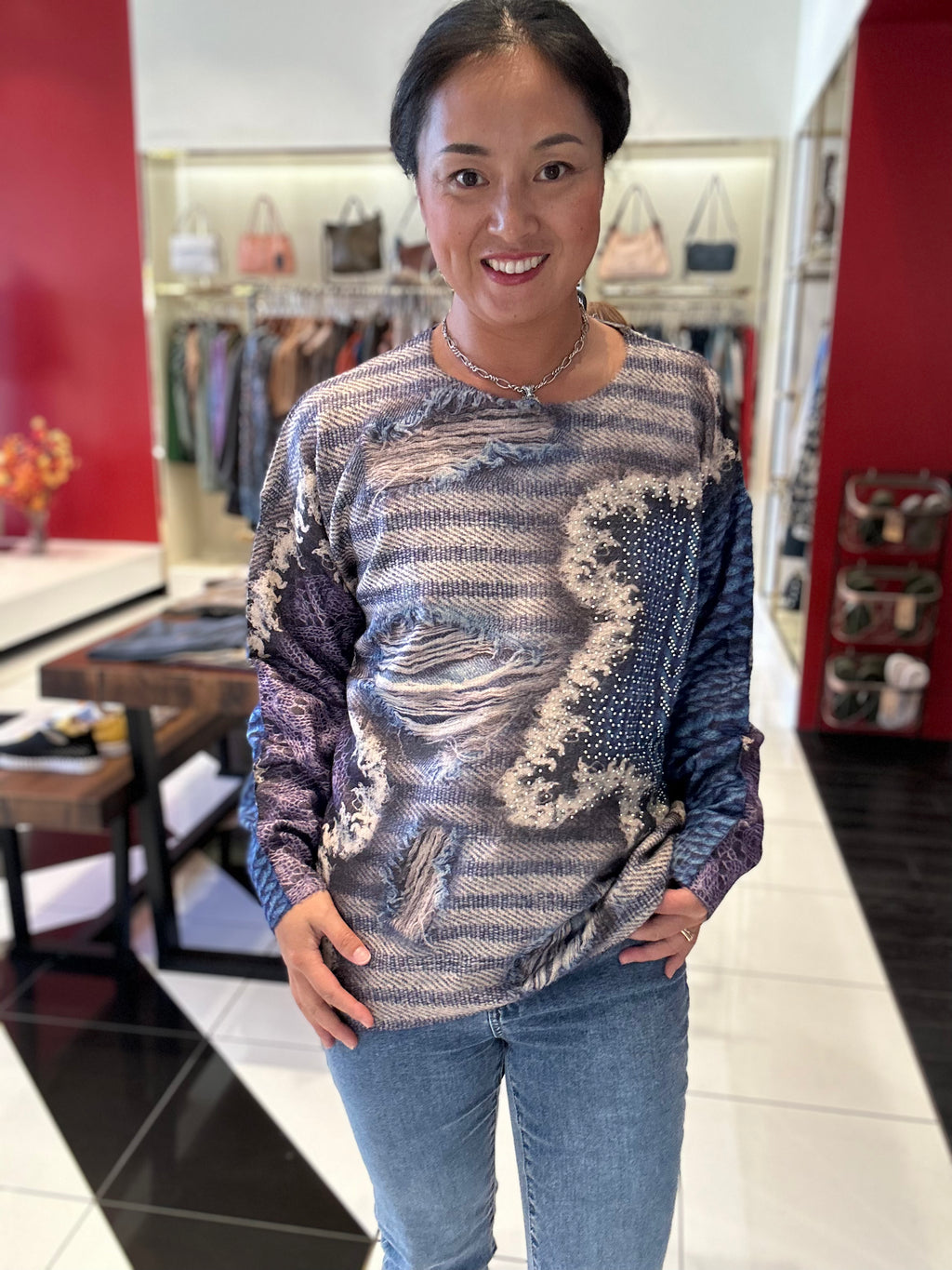 OUBE PRINTED SWEATER  DENIM WAVE