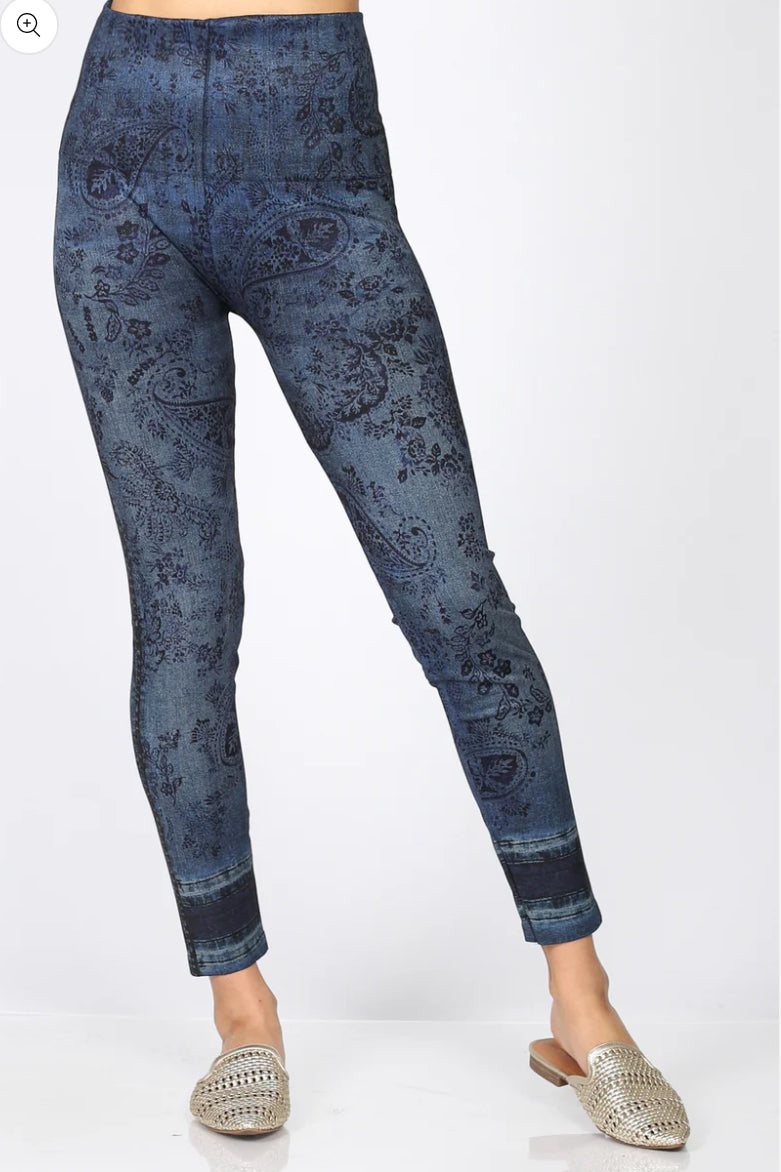 M.Rena High Waist Legging W/Paisley Denim Print Indigo