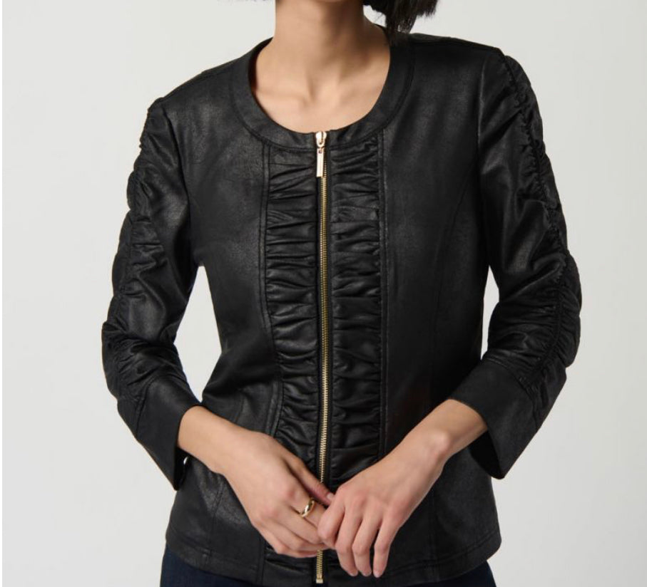JOSE BLK FOILED KNIT JACKET W/RUCHED DETAIL