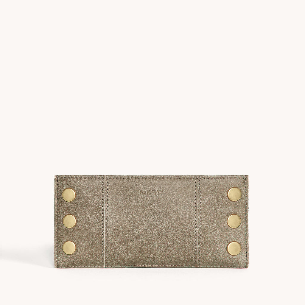 Beige wallet with gold buttons on a white background