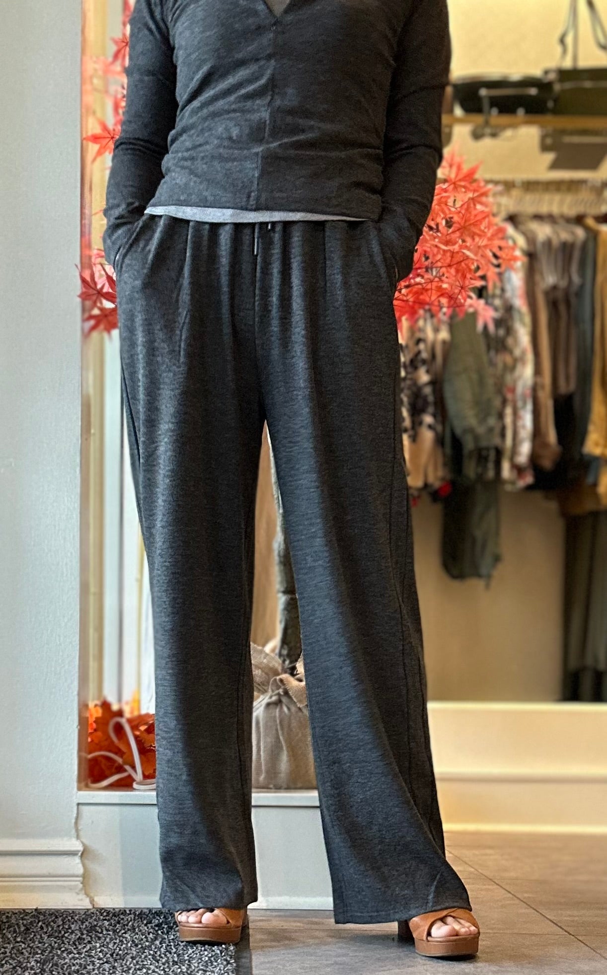 High Waist Charcoal Grey Wide Leg Pants