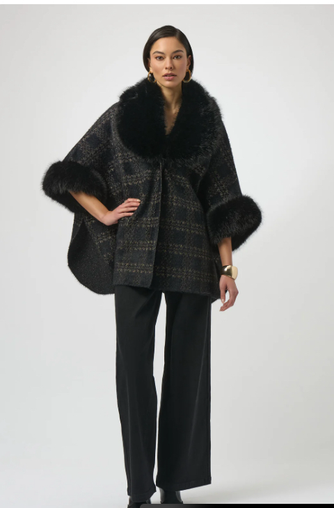 Joseph Ribkoff Plaid Fur Collar Cape