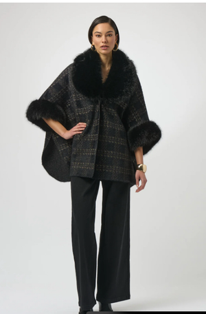 Joseph Ribkoff Plaid Fur Collar Cape