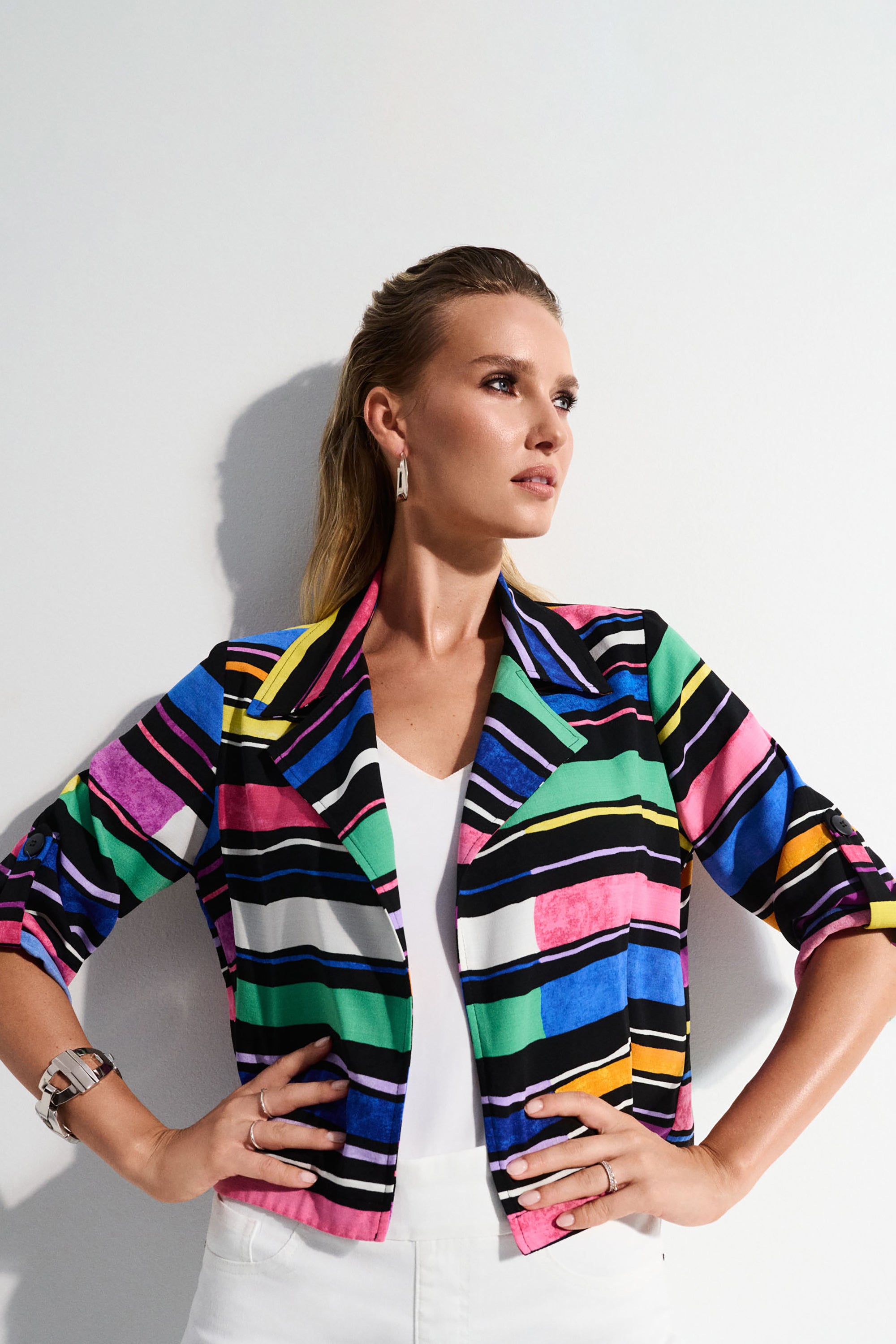 Joseph Ribkoff Gauze Stripe Print Short Boxy Blazer