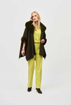 Khaki Brushed Jacquard and Faux Fur Cape 