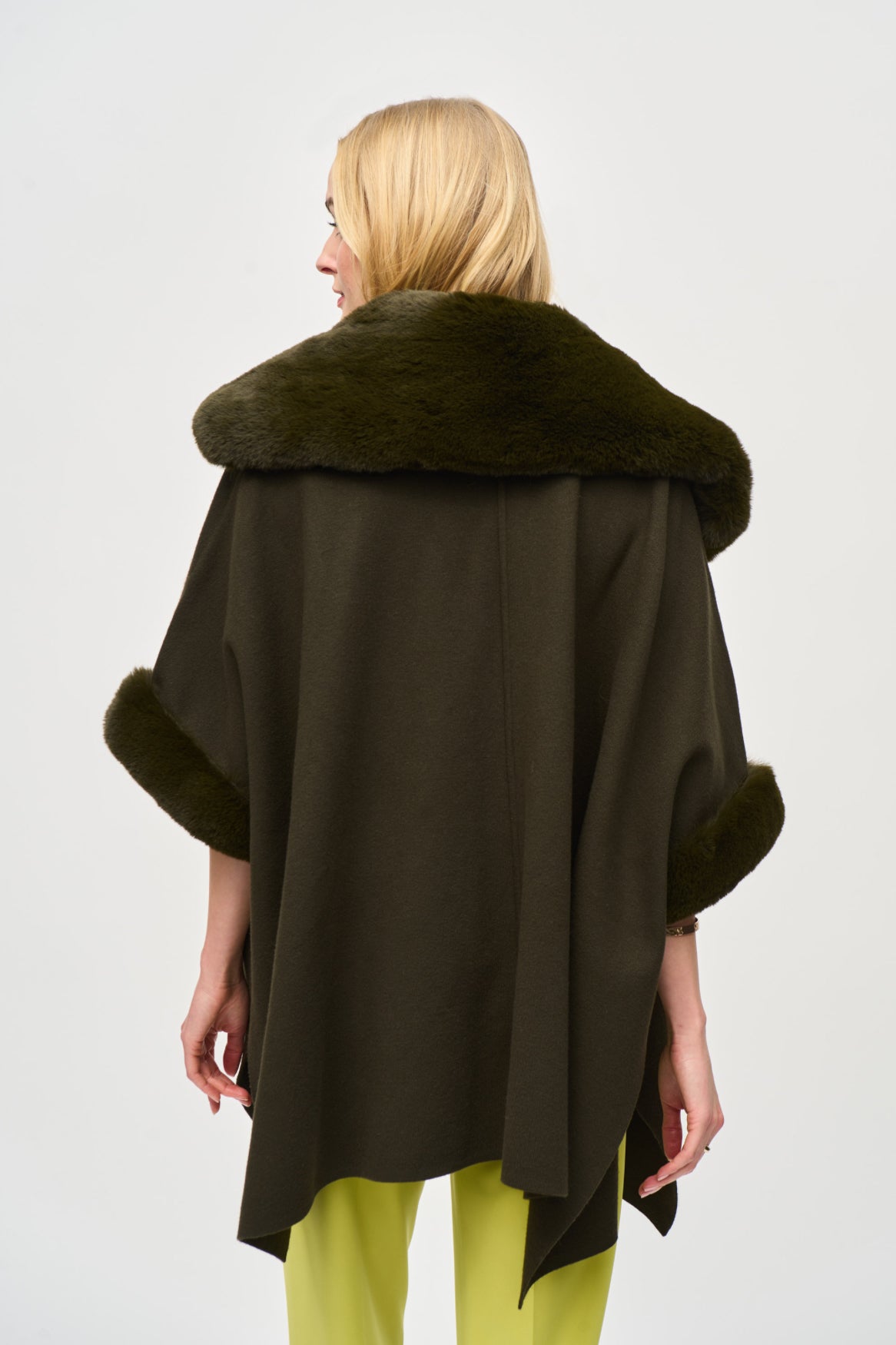 Khaki Brushed Jacquard and Faux Fur Cape Back