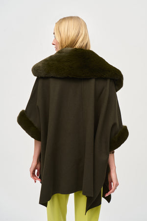 Khaki Brushed Jacquard and Faux Fur Cape Back