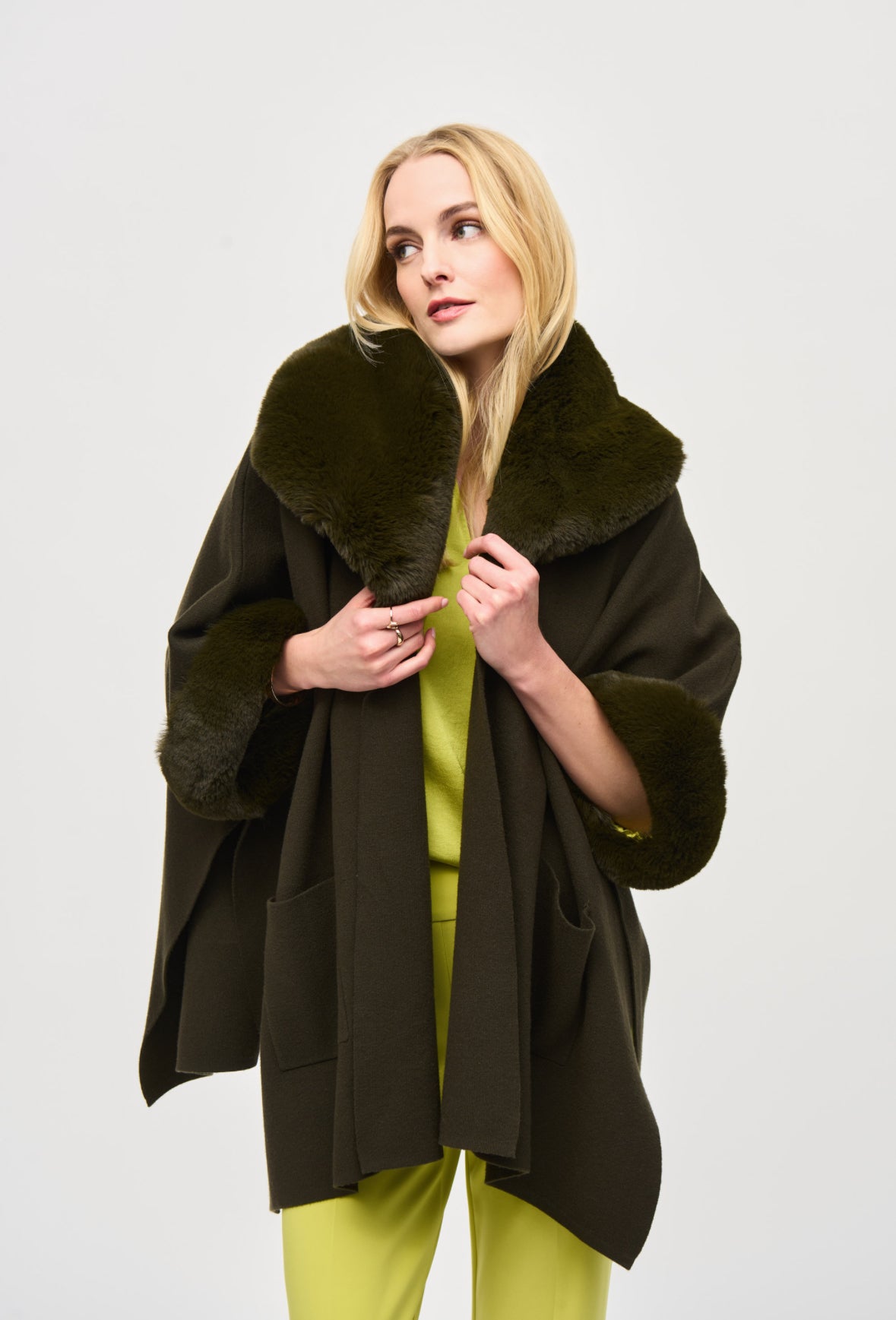 Khaki Brushed Jacquard and Faux Fur Cape Details