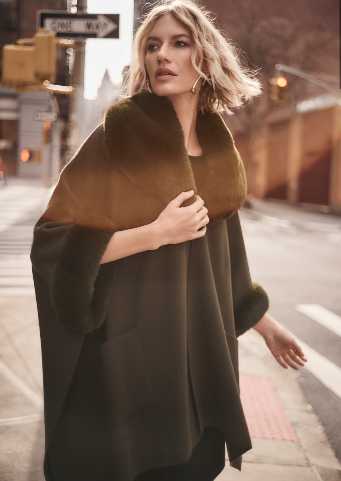 Khaki Brushed Jacquard and Faux Fur Cape Style 243930