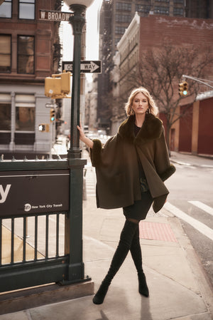 Khaki Brushed Jacquard and Faux Fur Cape Style 243930 WITH BOOTS