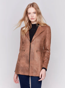 Long Faux Suede Moto Jacket With Zipper Truffle