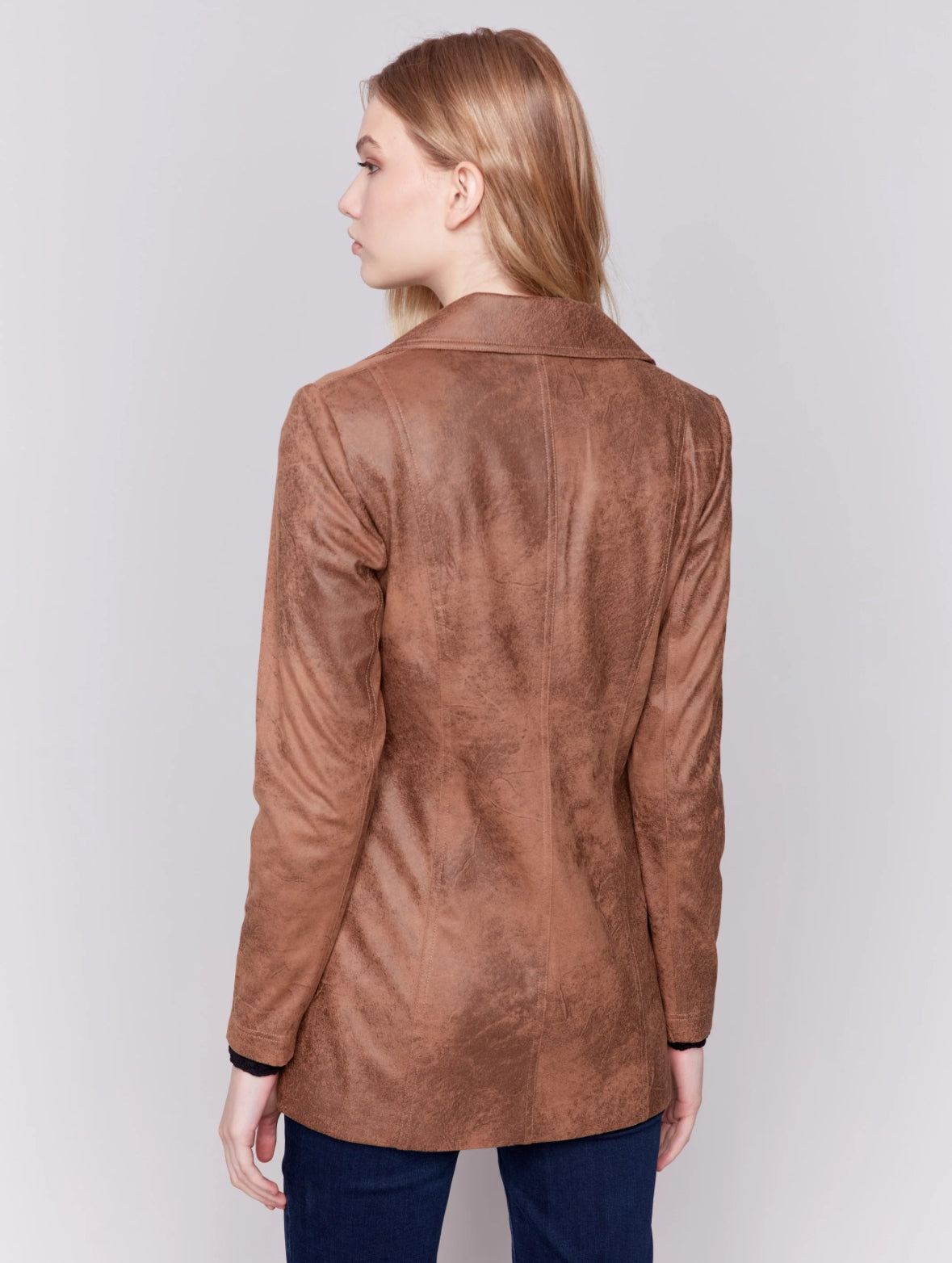 Long Faux Suede Moto Jacket With Zipper Truffle