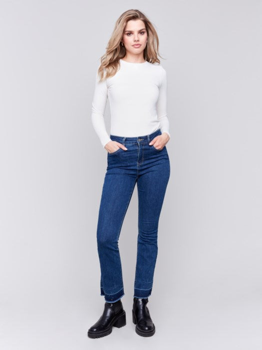 Ombre Hem Flare Jeans with Studs Indigo