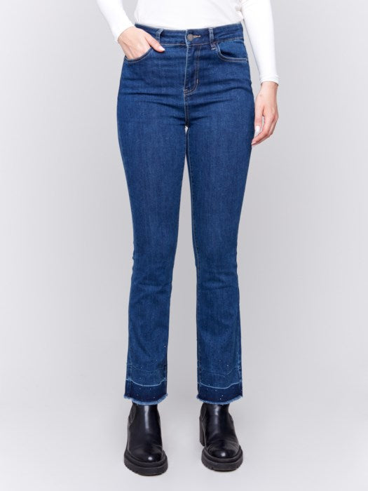 Ombre Hem Flare Jeans with Studs Indigo