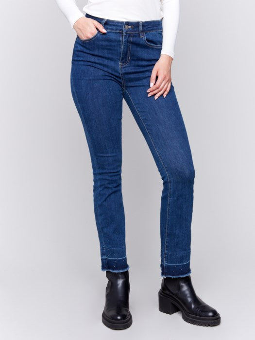 Ombre Hem Flare Jeans with Studs Indigo