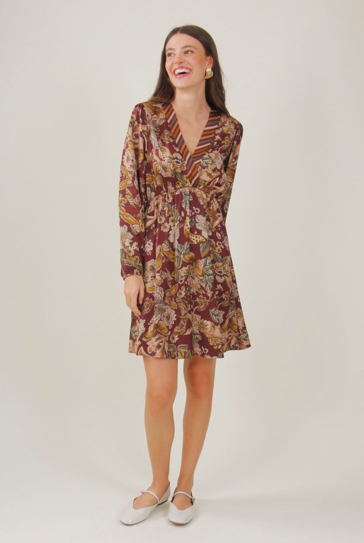 V-Neck Wine Floral Long Sleeve Dress