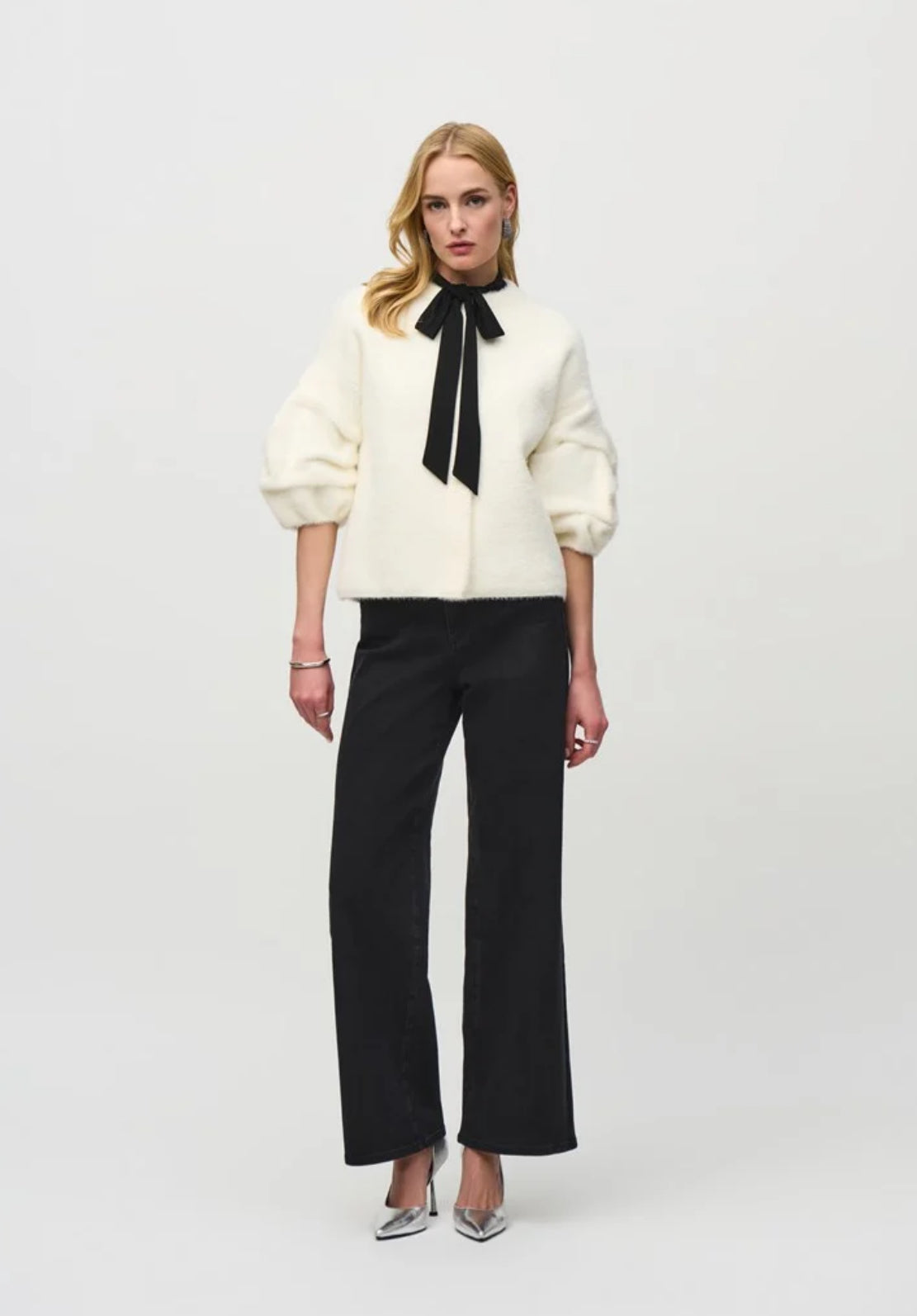 WINTER WHITE PUFF SLEEVE JACKET 244931 WITH BLACK PANTS