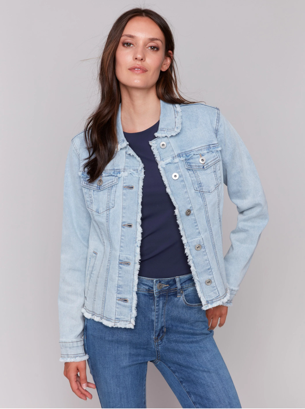 Charlie B Frayed Edge Denim Jacket Bleach Blue