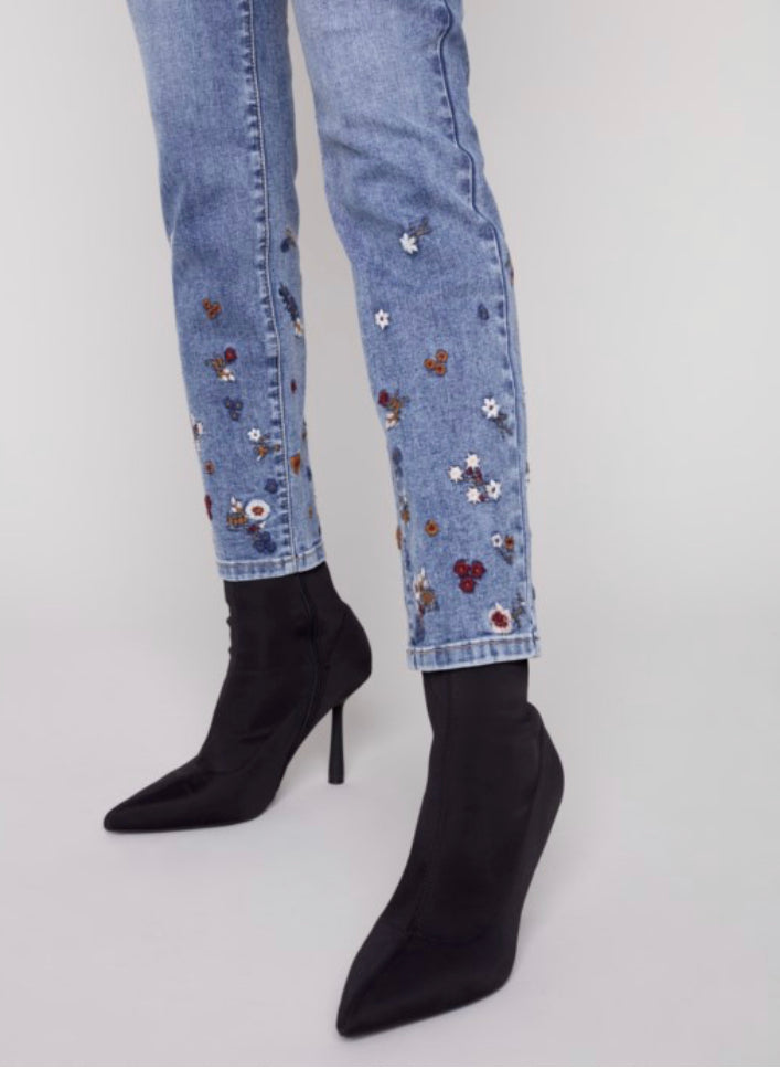 Char Skinny Jeans Embroidered Flowers -Blue