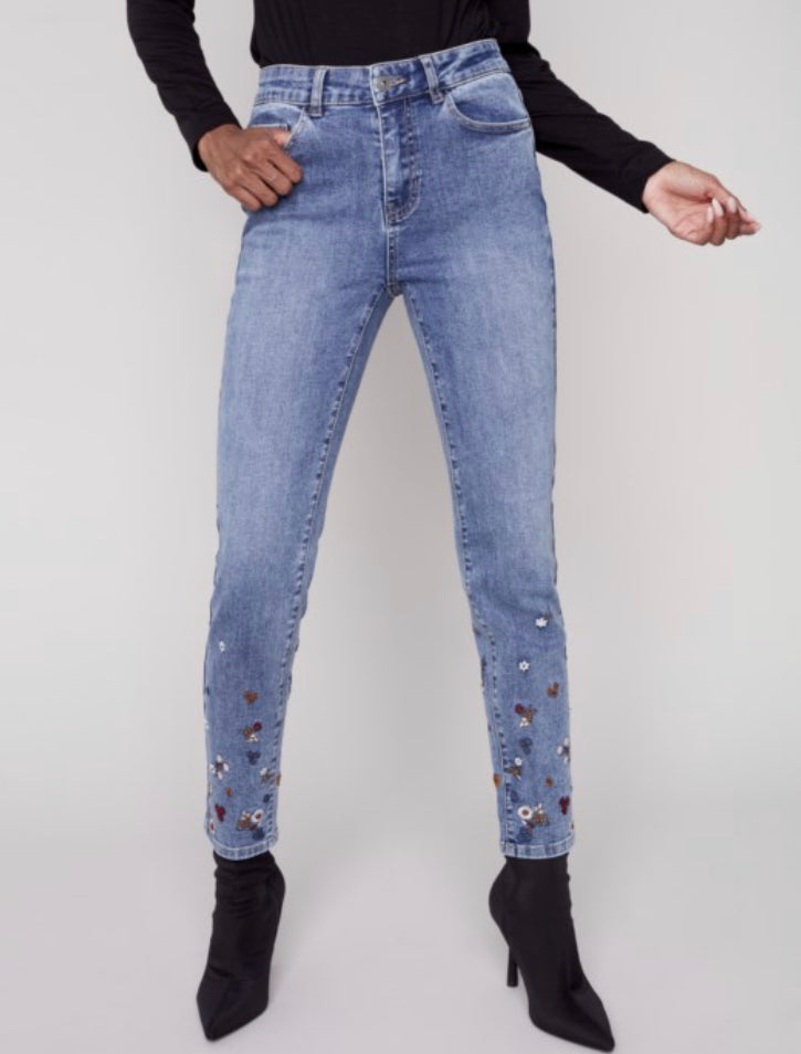 Char Skinny Jeans Embroidered Flowers -Blue