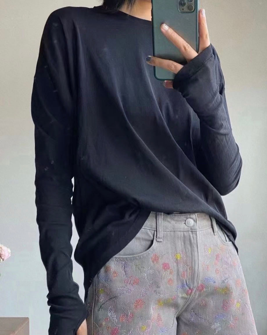 Asymmetric Gathered Long Sleeve Fine Cotton Top B