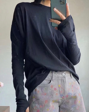 Asymmetric Gathered Long Sleeve Fine Cotton Top B