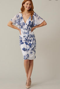 Joseph Ribkoff Blue Floral Wrap Dress Clutch